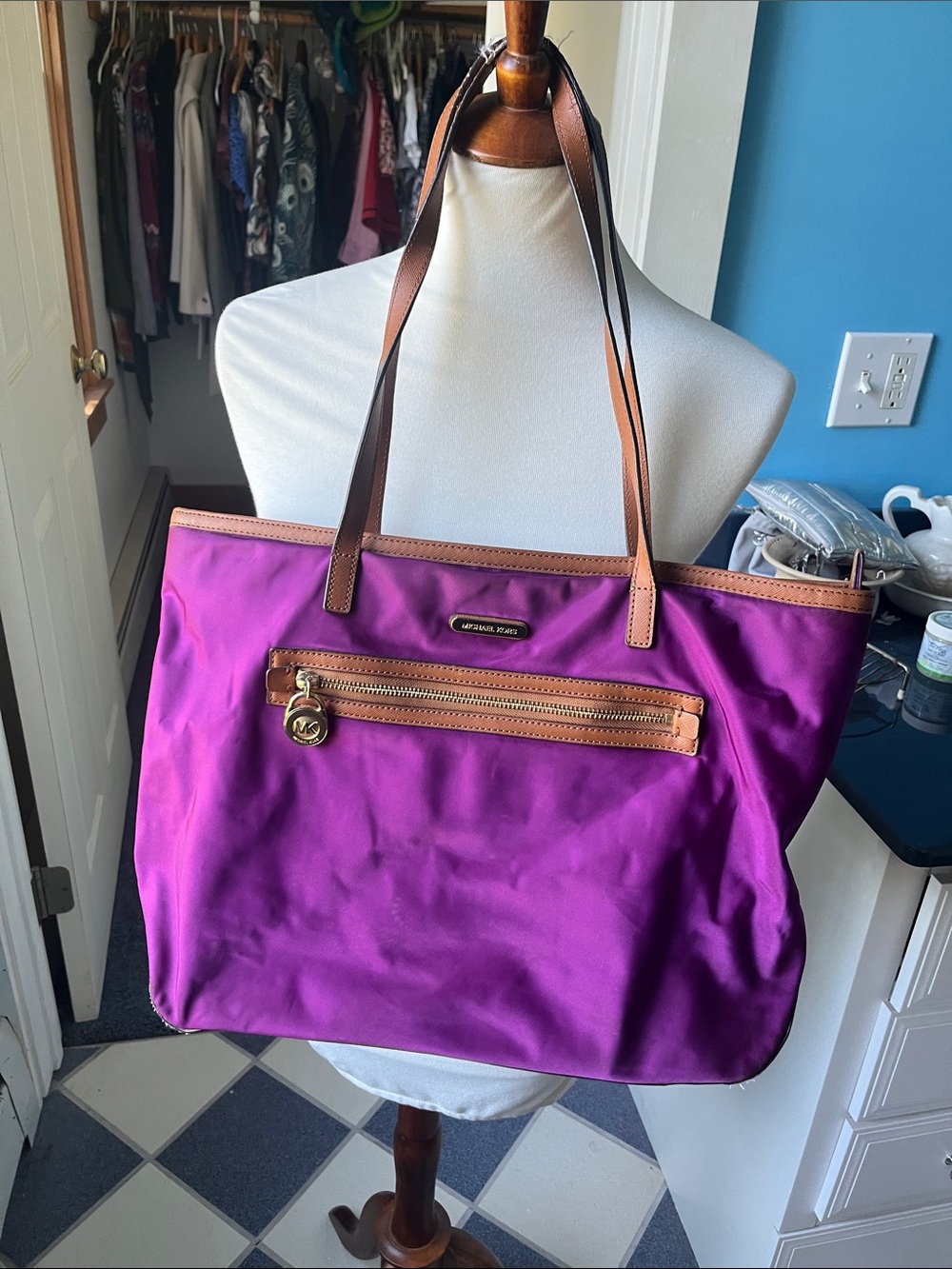 Michael Kors Fuchsia Nylon Tote with Brown Leather Trim